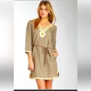 Vintage Lucky Brand Tan Linen Blend Boho Southwestern Tunic Dress Size Small S